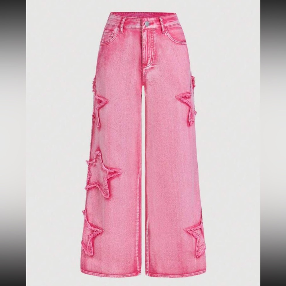 Star patchwork distressed acid Wash pink jeans wide leg